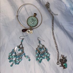 Earrings, necklace, bracelet, and charm